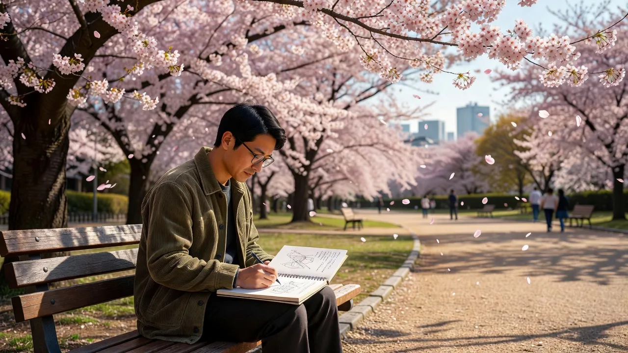 公園でスケッチをするアーティスト