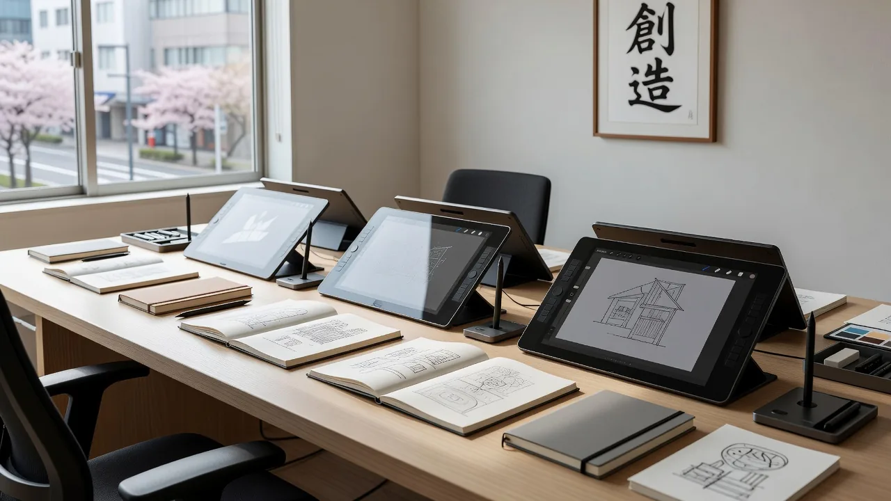 タブレットや道具が並ぶワークスペース